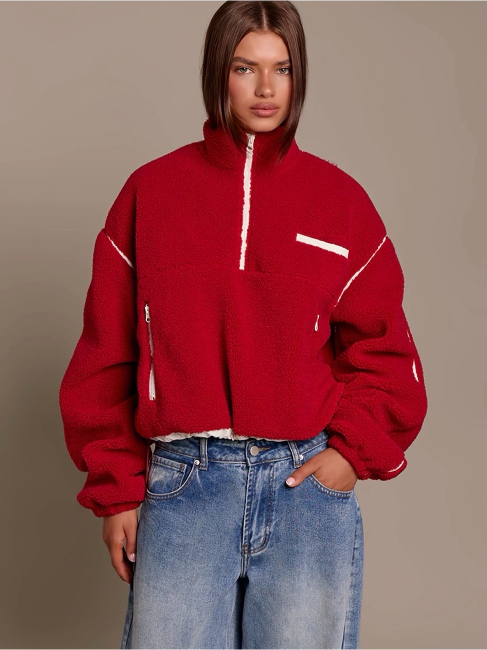 CONTRAST PIPING QUARTER ZIP UP BORG
FLEECE